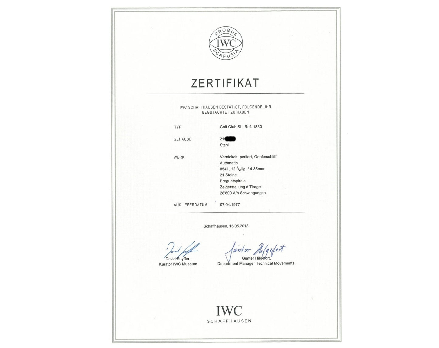 IWC Golf-Club SL Ref. 1830 double-signed Beyer, Extract 1977